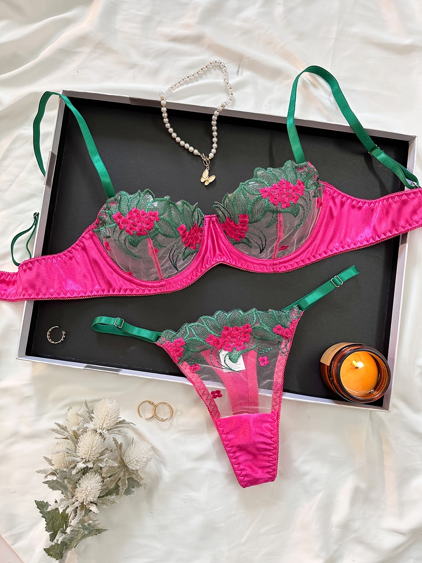 Floral Embroidery Lingerie Set, Mesh Stitching Unlined Bra & Thong, Women's Lingerie & Underwear