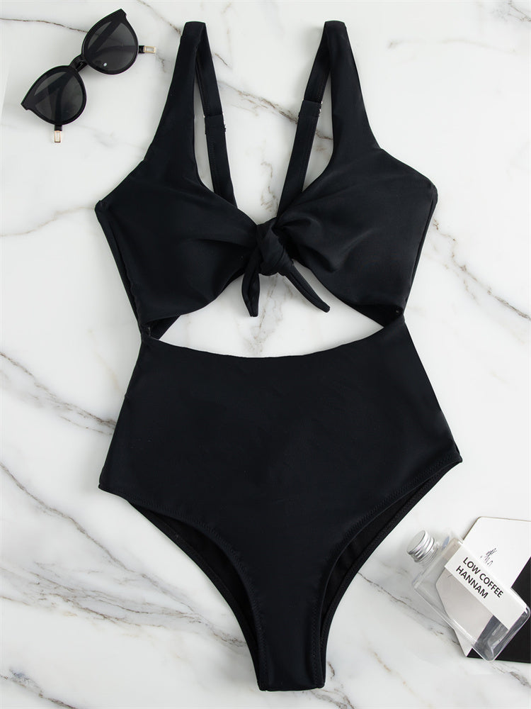 Colorblock Chest Knotted One Piece Swimsuit Two Piece Bikini