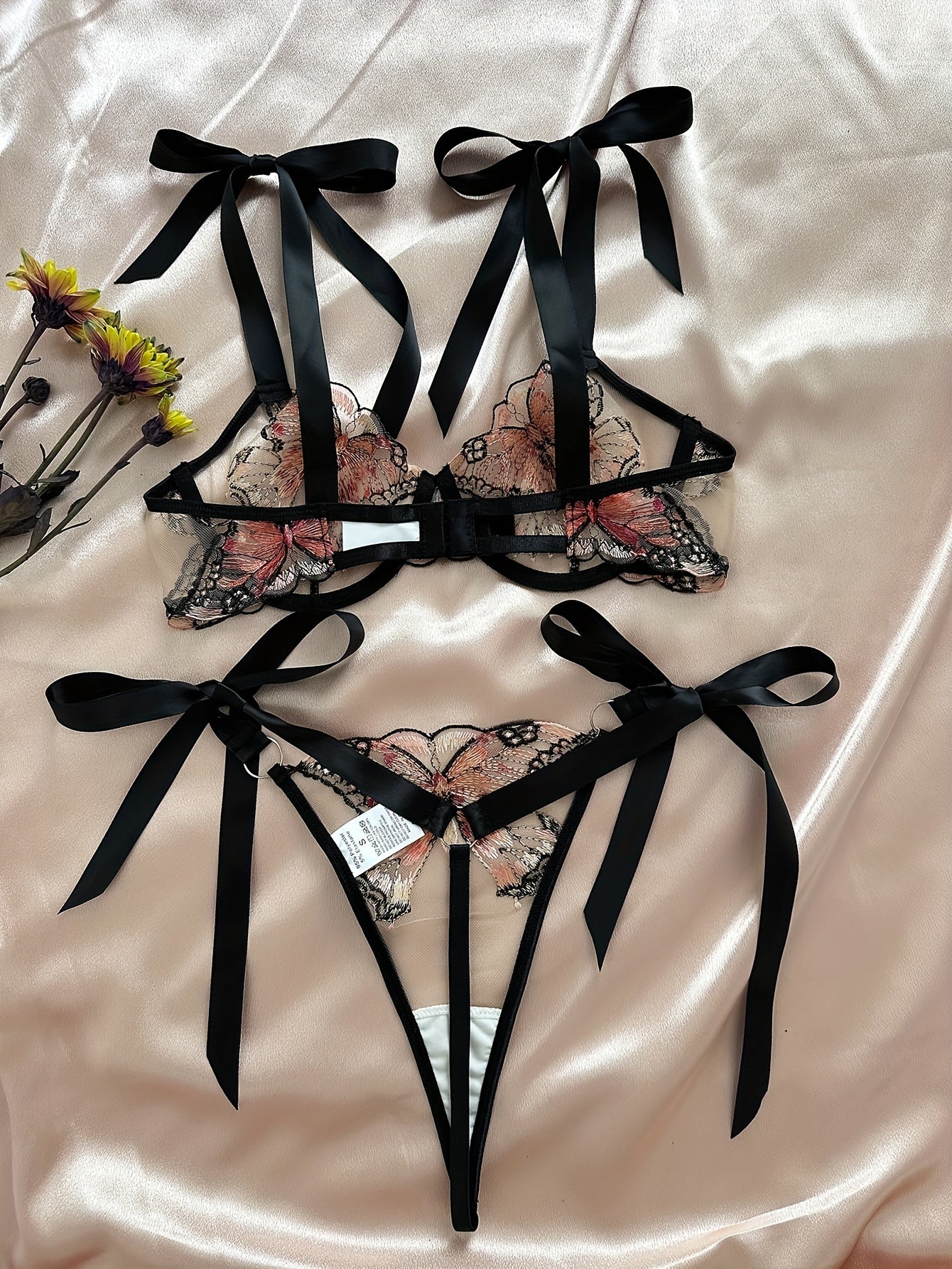 Butterfly Embroidery Lingerie Set, Unlined Mesh Bra & Strappy Thong, Women's Sexy Lingerie & Underwear