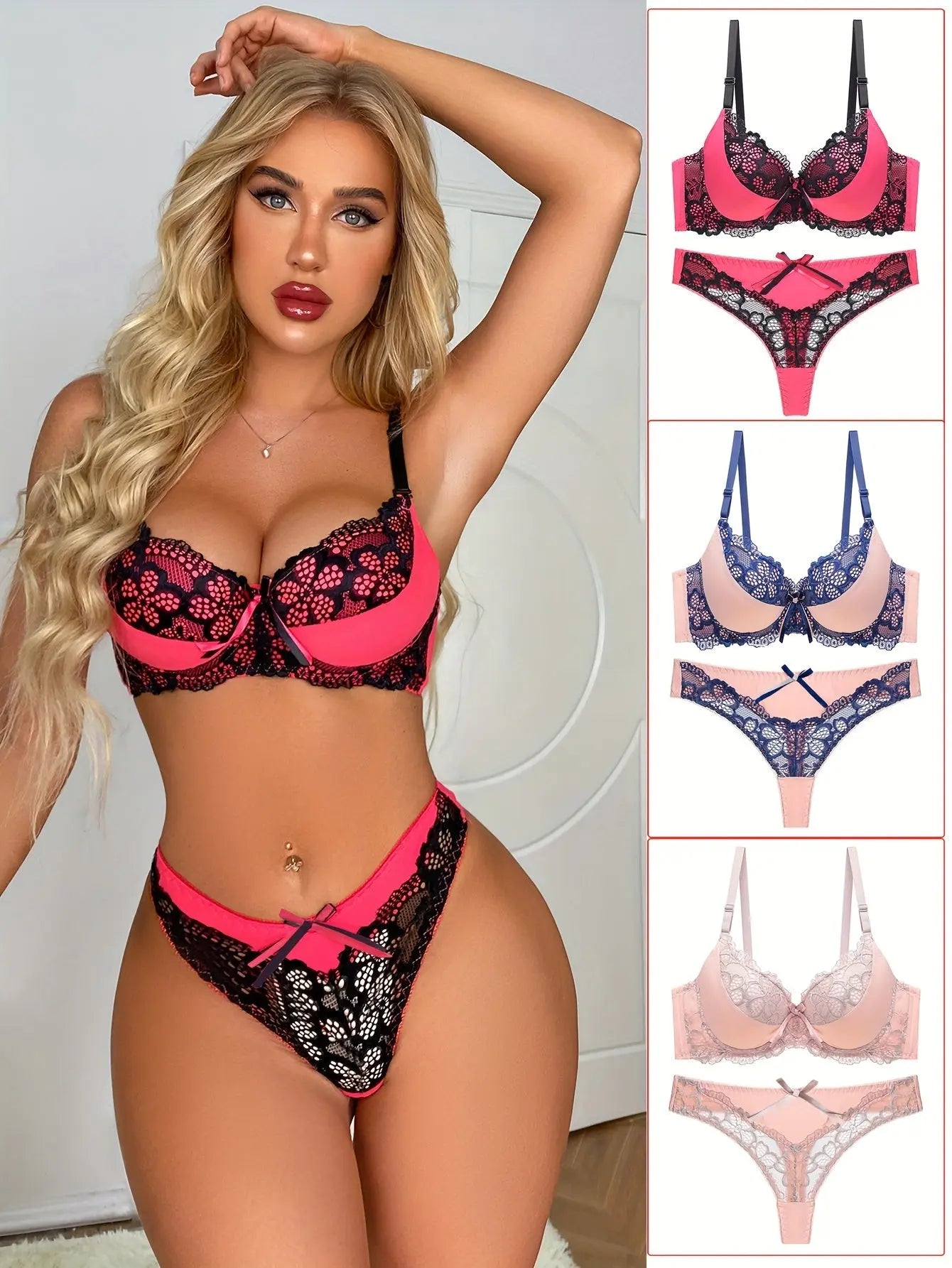 3 Sets Contrast Lace Bra & Panties, Colorblock Push Up Bra & Elastic Thong Lingerie Set, Women's Lingerie & Underwear - Image #3