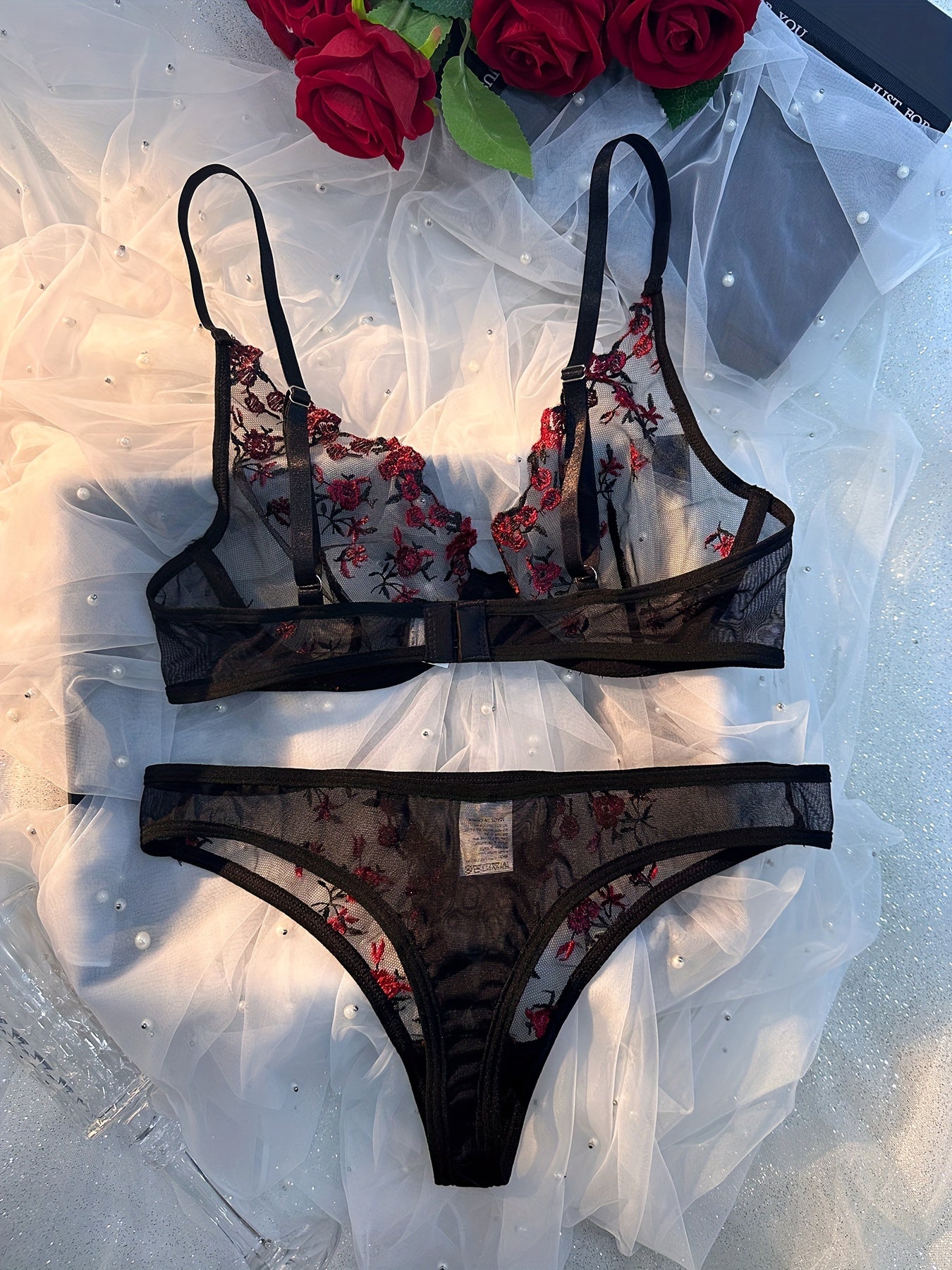 Floral Embroidery Lingerie Set, Mesh Unlined Bra & Thong, Women's Sexy Lingerie & Underwear