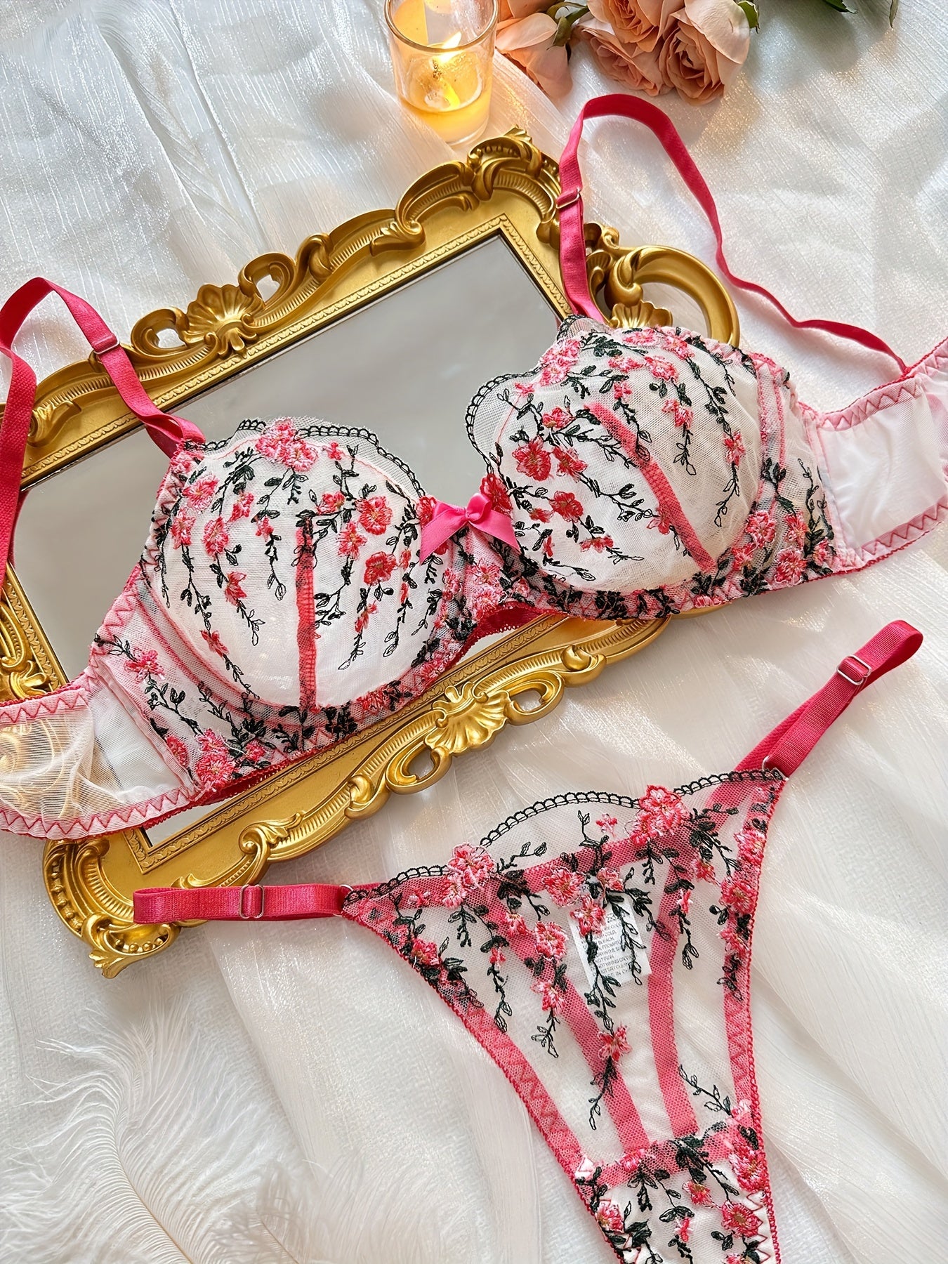 Floral Embroidery Lingerie Set, Sheer Unlined Bra & Mesh Thong, Women's Sexy Lingerie & Underwear