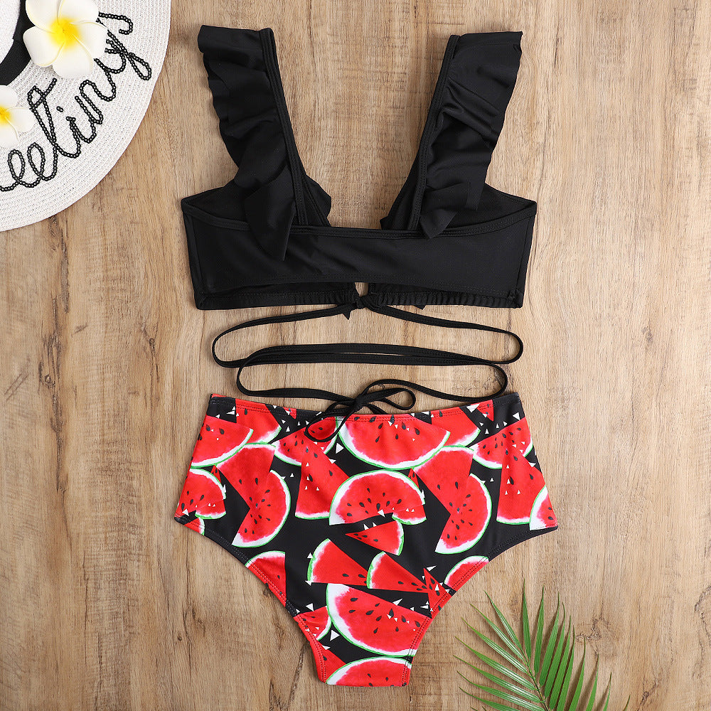 Sexy Bikini Print High Waist Split Swimsuit Lady Lotus Leaf