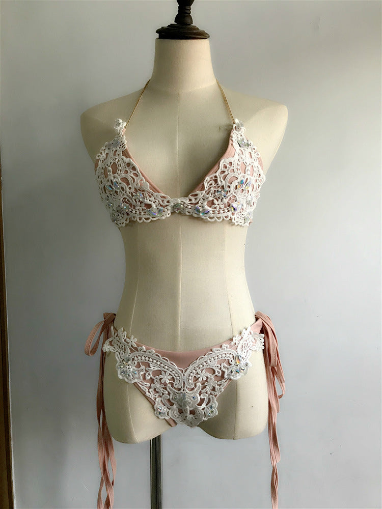 Swimsuit Ladies Solid Color Embroidered Split Bikini