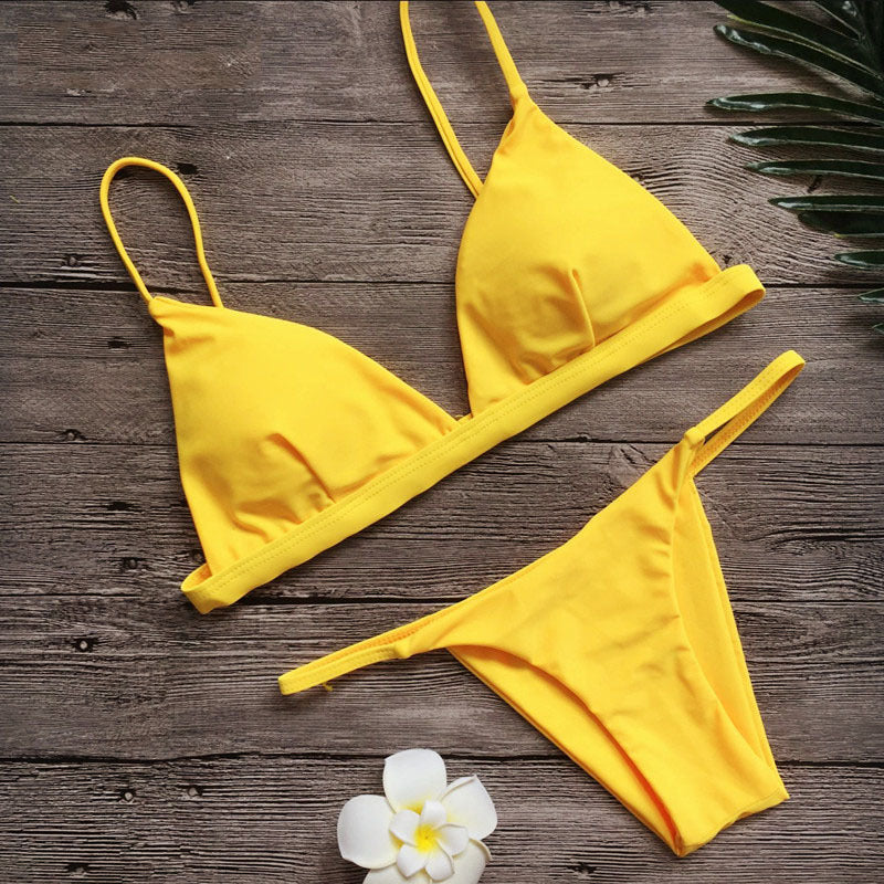 Solid Color Split Gathered V-shaped T-back Bikini