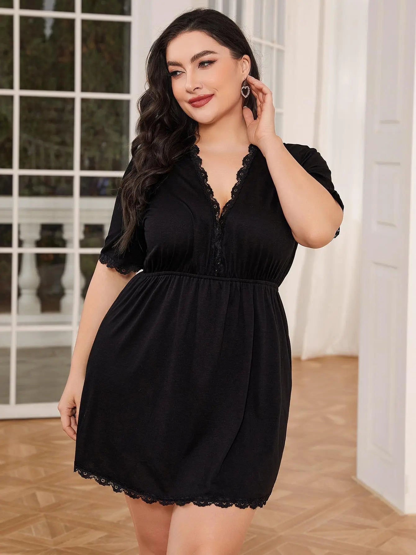 Plus Size Lace Trim Deep V Night Dress - Image #5