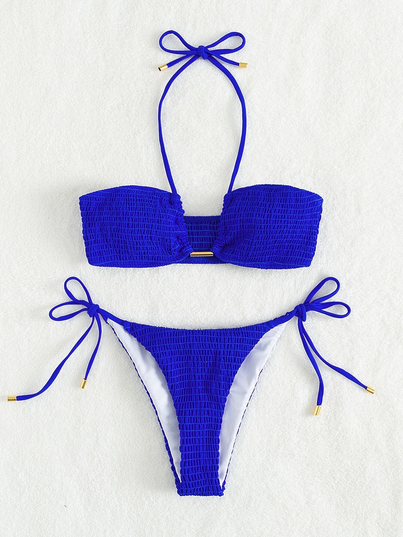 Plain Smocked Tie Side Bikini Swimsuit Women