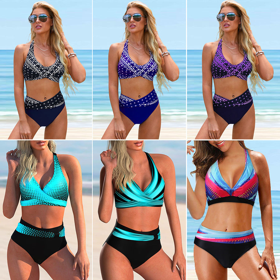 Spring And Summer New Swimwear Spot European And American Sexy Split Color Matching High Waist Swimsuit Bikini