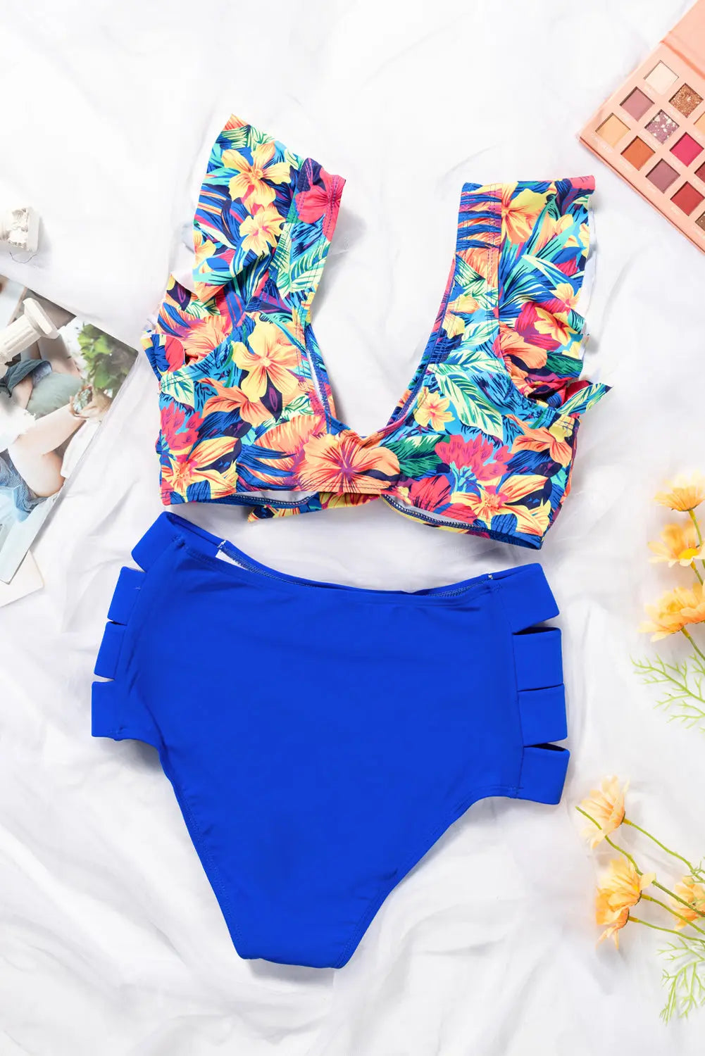 Floral Print Front Tie High Waist Bikini Swimsuit with Ruffles - Image #9