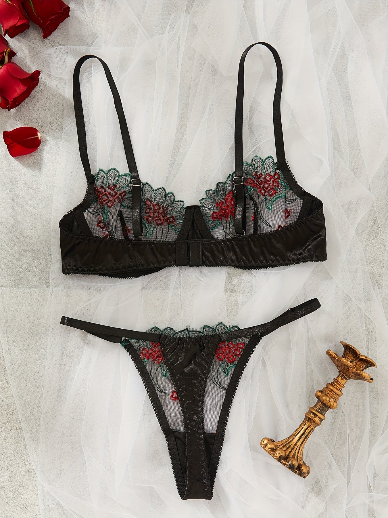 Floral Embroidery Lingerie Set, Mesh Stitching Unlined Bra & Thong, Women's Lingerie & Underwear