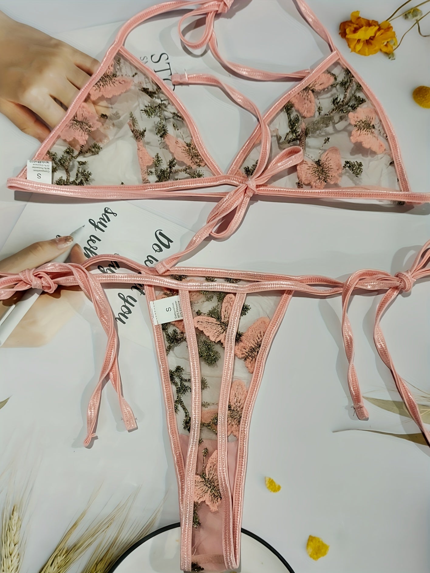 Floral Embroidery Lingerie Set, Halter Unlined Mesh Bra & Lace Up Thong, Women's Sexy Lingerie & Underwear