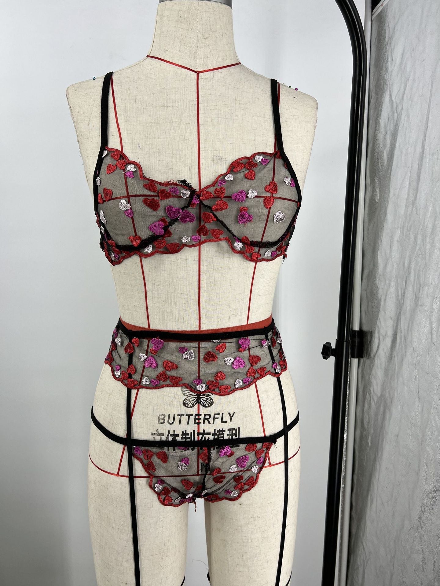 Mesh Lace Love Embroidered Three-point Sexy Lingerie Suit - Peek A Boo Undies