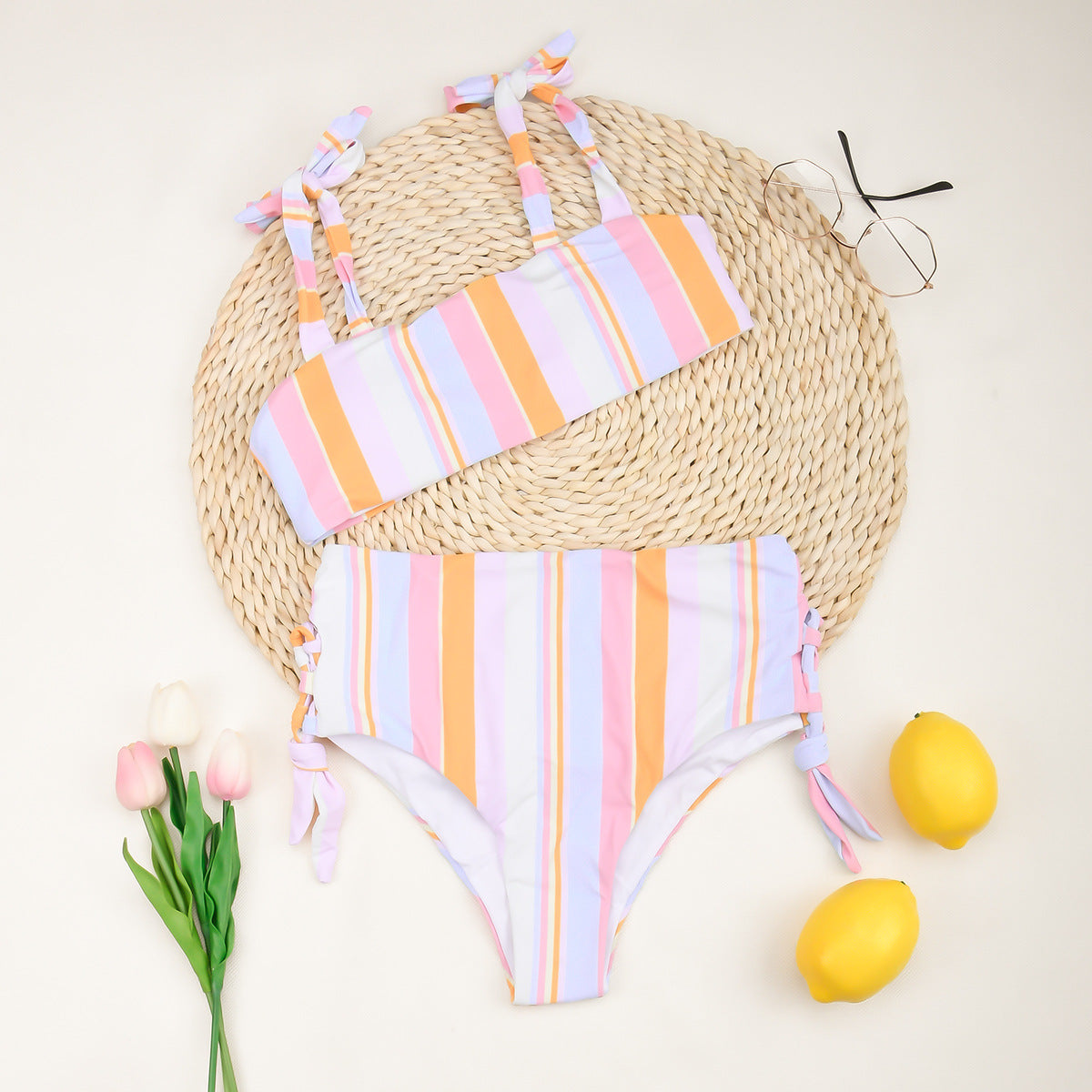 Ladies High Waist Split Striped Swimsuit