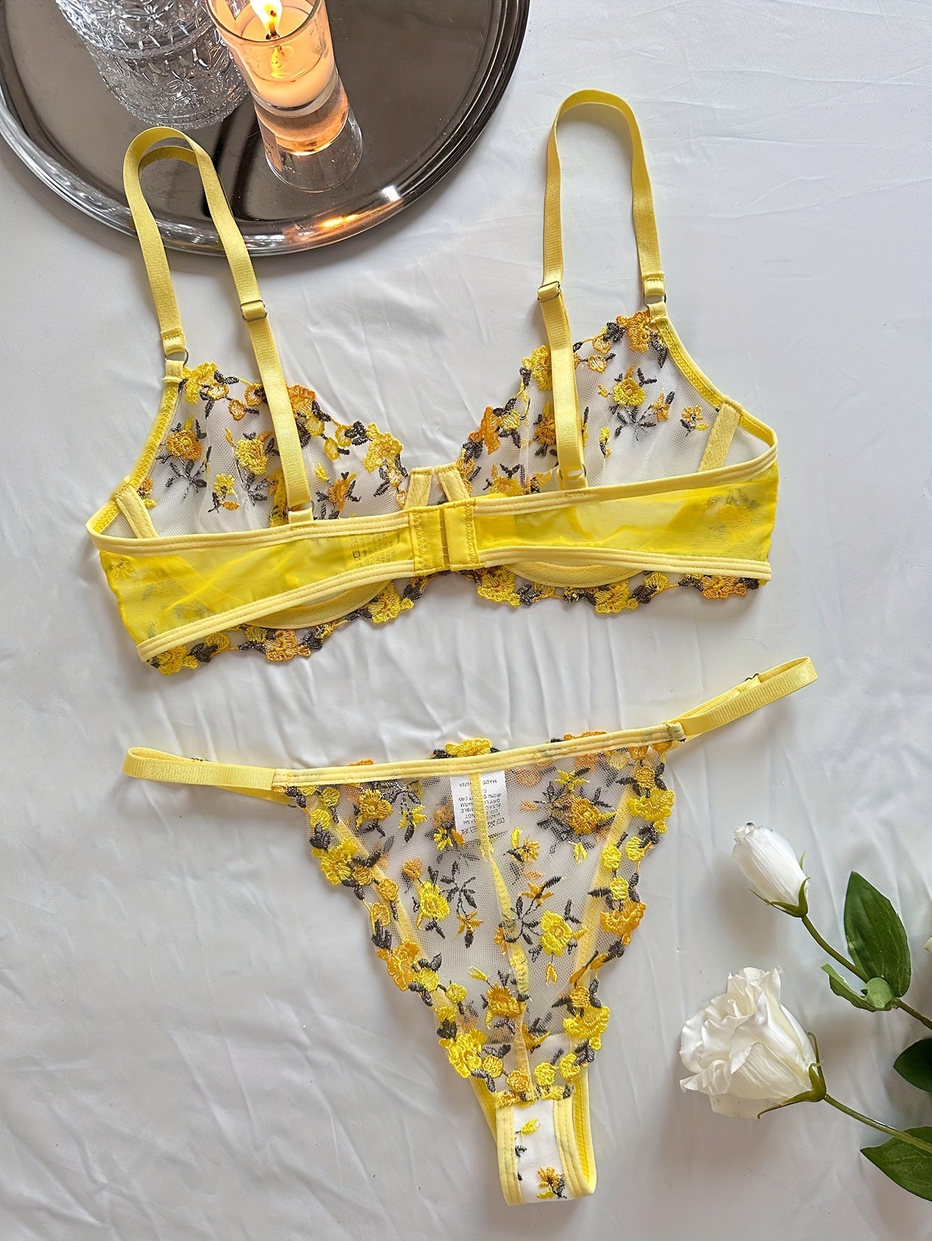 Floral Embroidery Lingerie Set, Mesh Unlined Bra & Sheer Thong, Women's Sexy Lingerie & Underwear