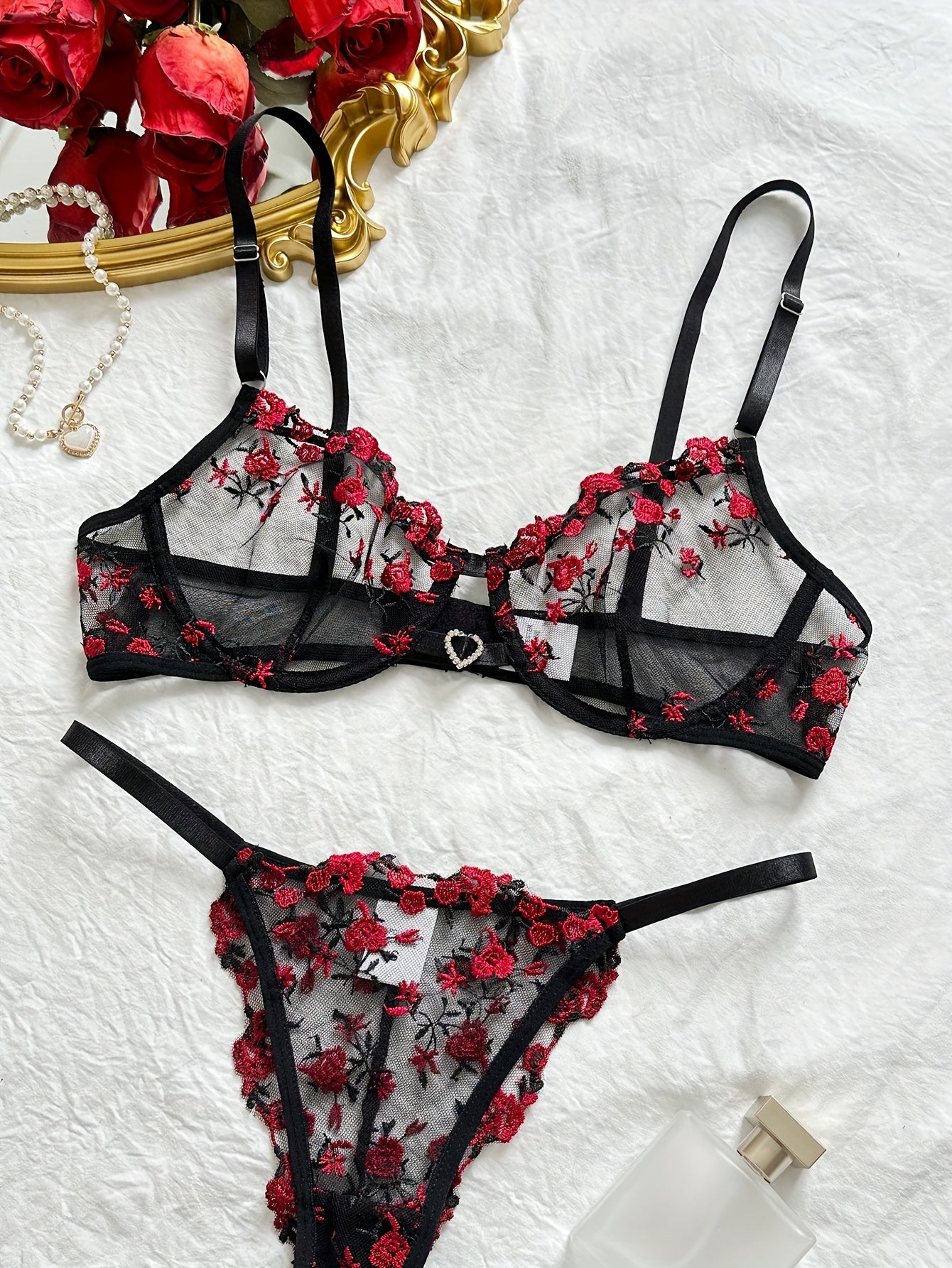 Floral Embroidery Lingerie Set, Hollow Out Unlined Bra & Sheer Mesh Thong, Women's Sexy Lingerie & Underwear