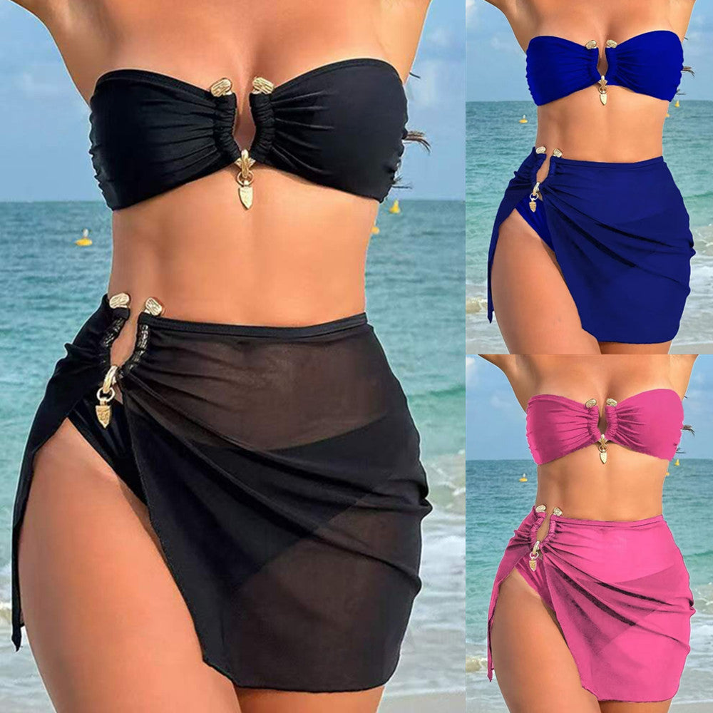 Solid Color Backless Three-piece Bikini Beach Swimsuit