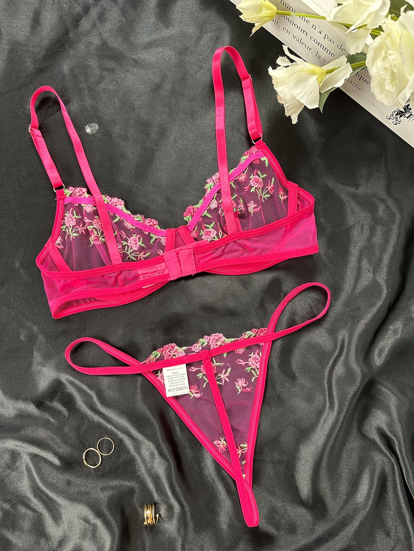 Floral Embroidery Lingerie Set, Sheer Unlined Bra & Mesh Thong, Women's Sexy Lingerie & Underwear