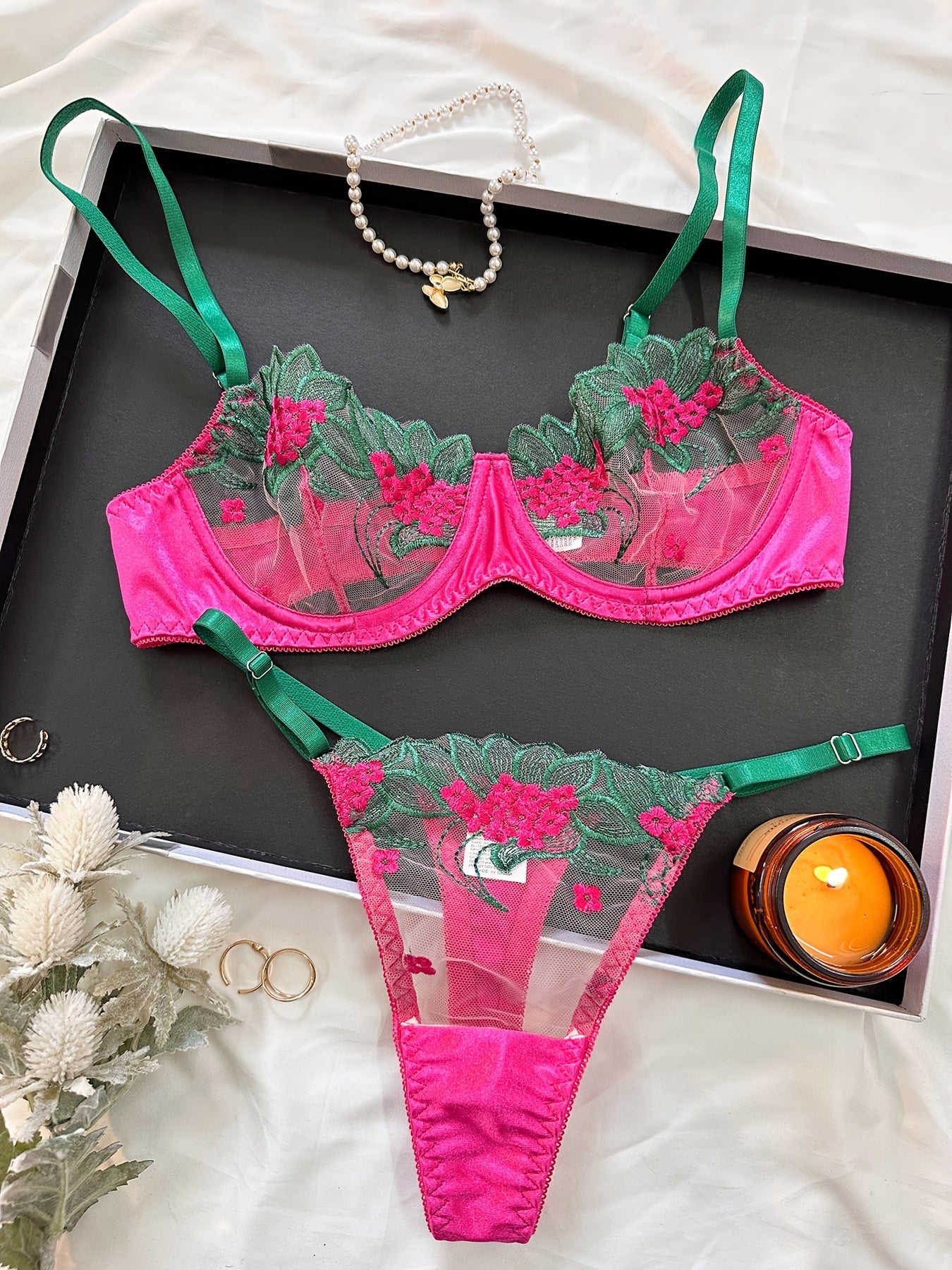 Floral Embroidery Lingerie Set, Mesh Stitching Unlined Bra & Thong, Women's Lingerie & Underwear