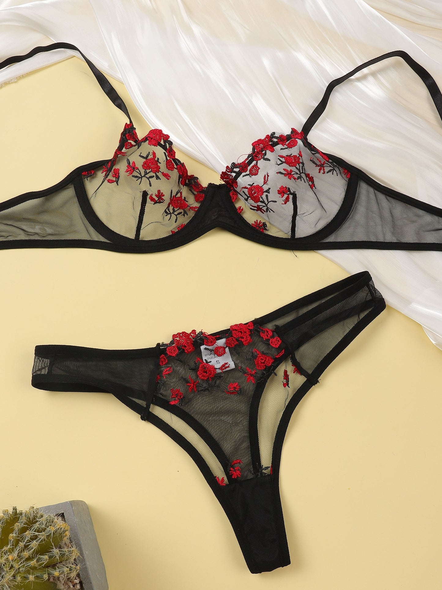 Floral Embroidery Lingerie Set, Mesh Unlined Bra & Thong, Women's Sexy Lingerie & Underwear