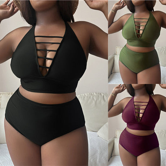 Plump Girls Plus Size Solid Color Hollow Cross Shoulder Strap Adjustable Halter Bikini