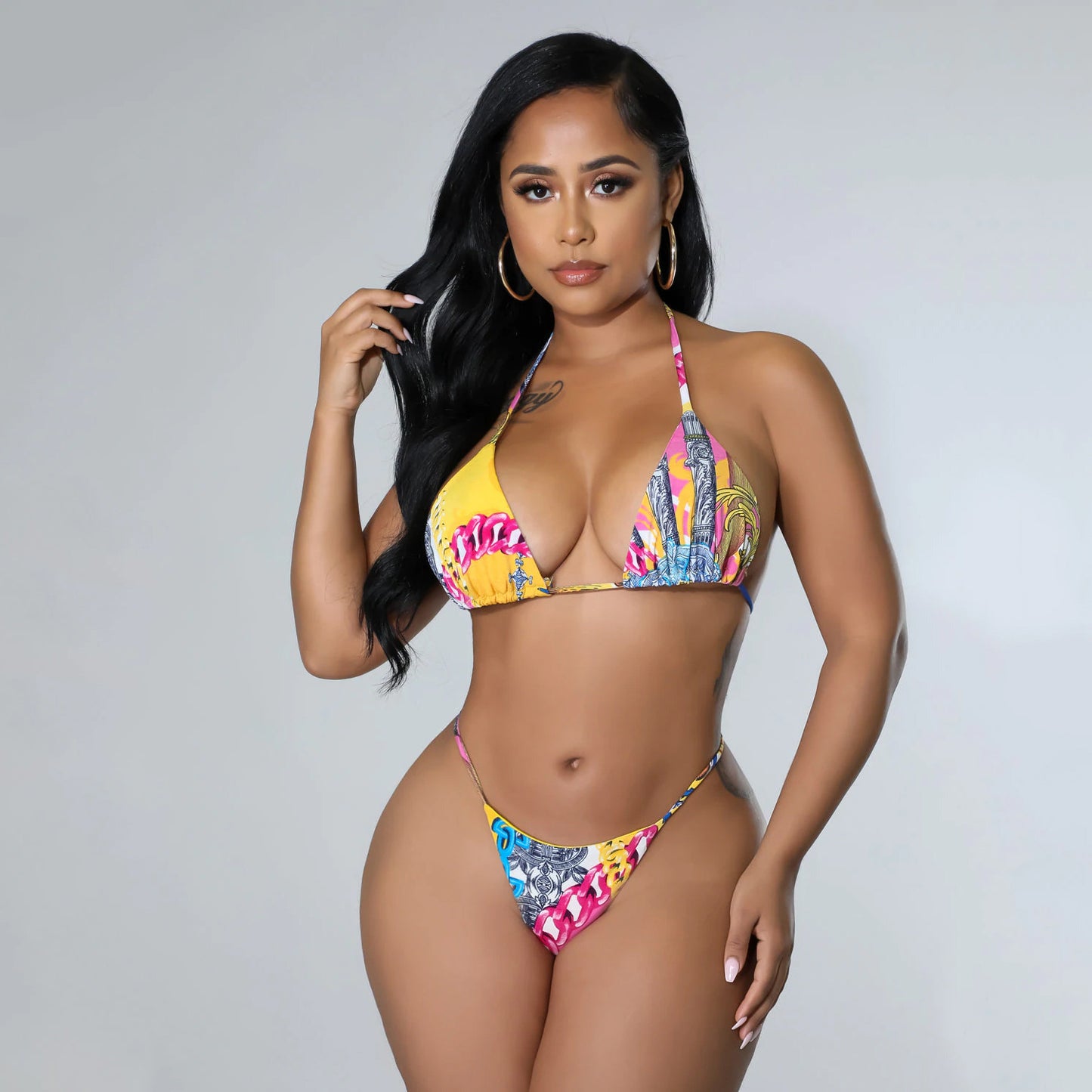 Printed Lace-up Bikini Three-piece Set