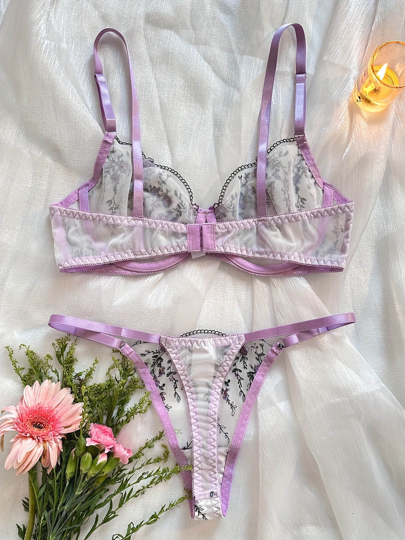 Floral Embroidery Lingerie Set, Sheer Unlined Bra & Mesh Thong, Women's Sexy Lingerie & Underwear