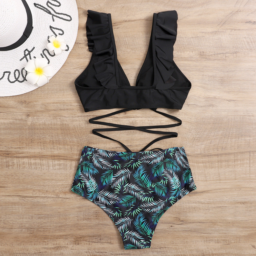 Sexy Bikini Print High Waist Split Swimsuit Lady Lotus Leaf