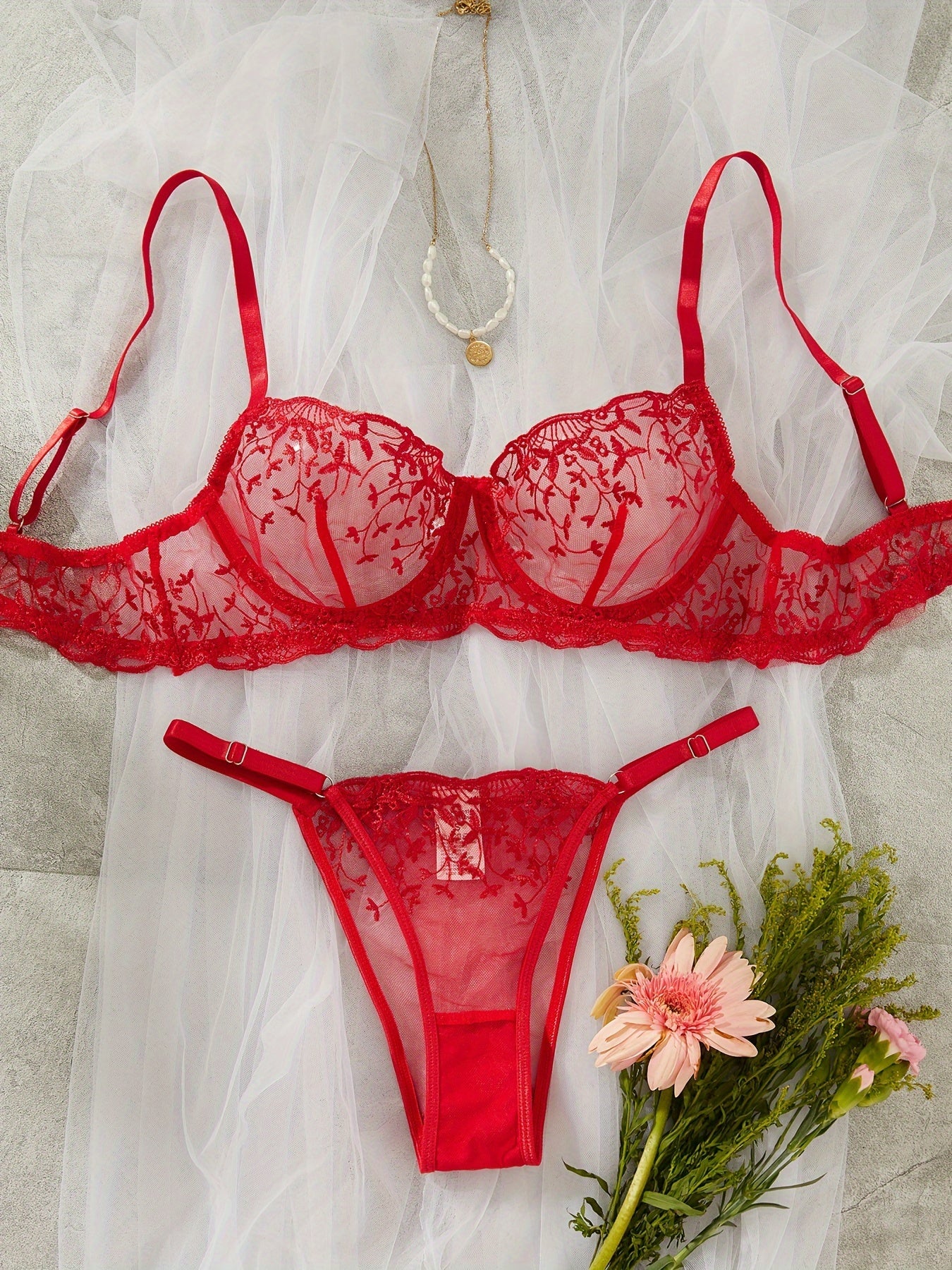 Floral Embroidery Lingerie Set, Sheer Unlined Bra & Mesh Thong, Women's Sexy Lingerie & Underwear