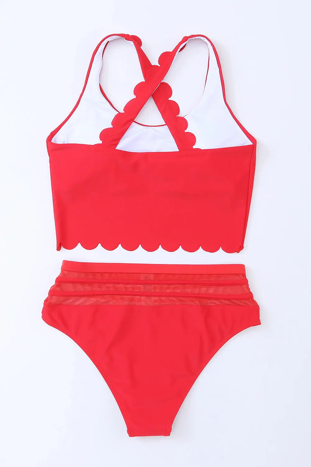 Red Scalloped Criss Cross High Waist Bikini - Image #4