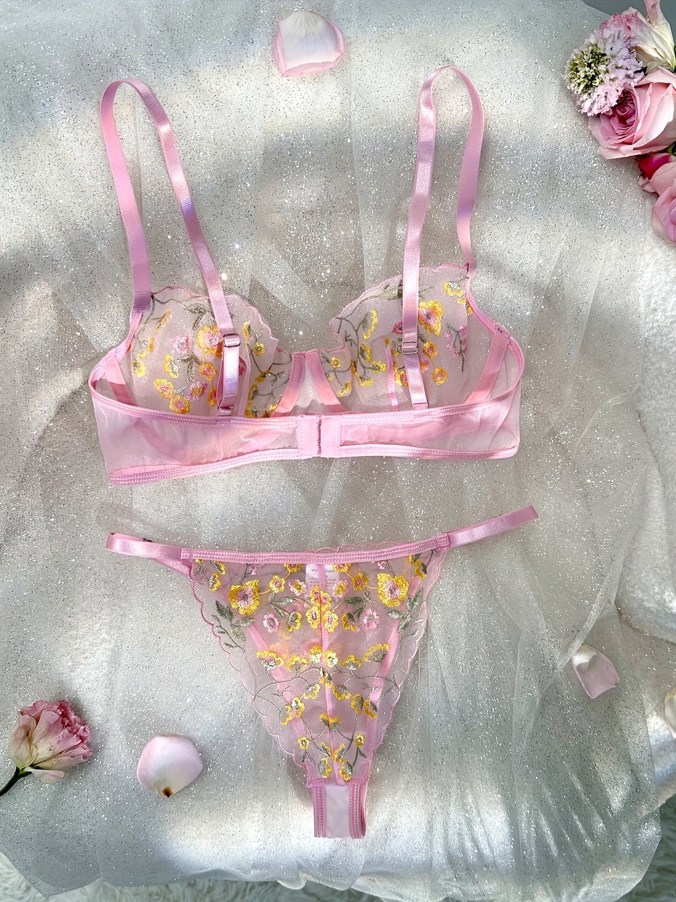 Floral Embroidery Lingerie Set, Sheer Unlined Bra & Mesh Thong, Women's Sexy Lingerie & Underwear