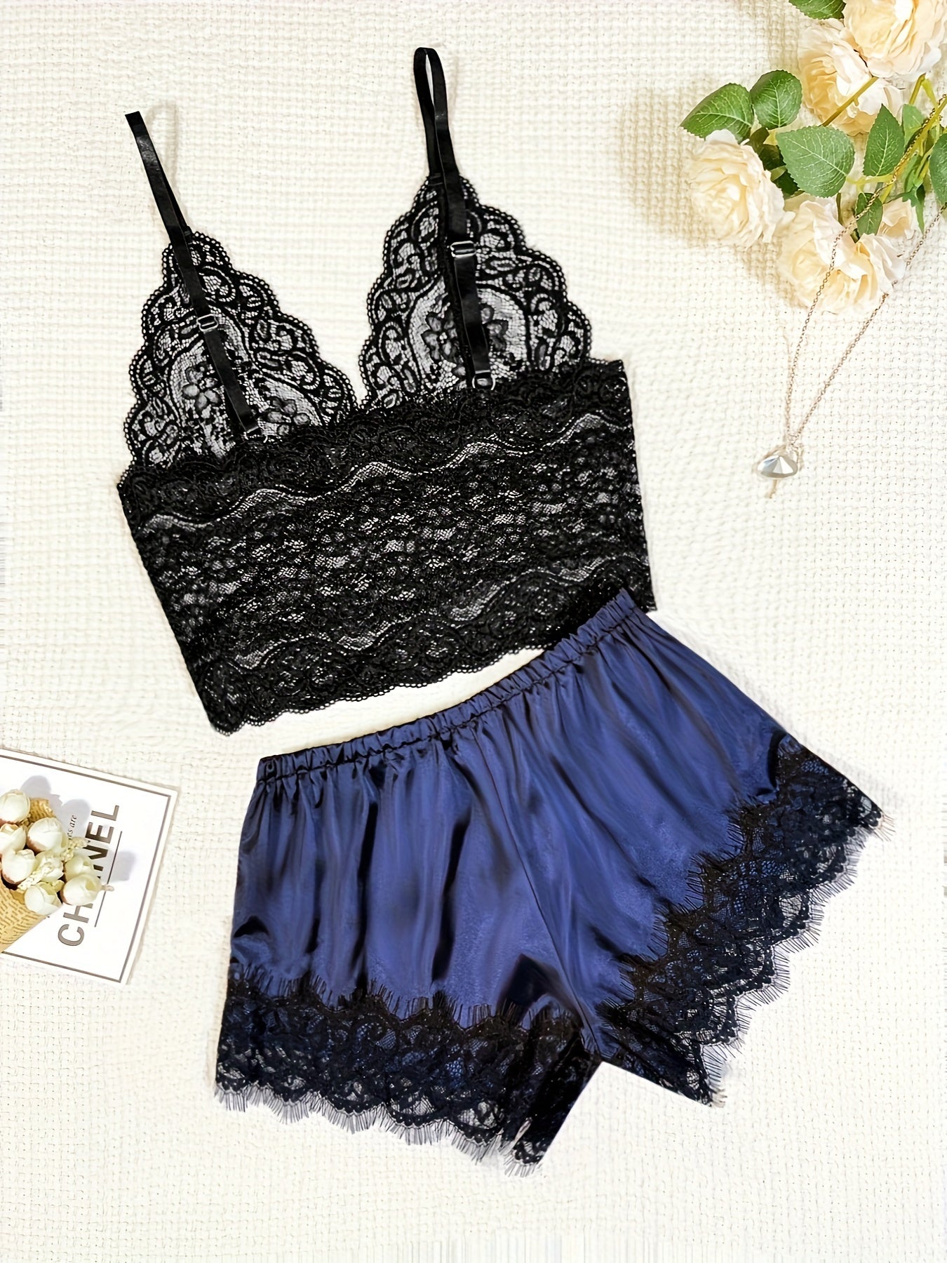 Women's Sexy Floral Lace Lingerie Set - Sheer Bralette And Bow Shorts For Seductive Style And Comfort