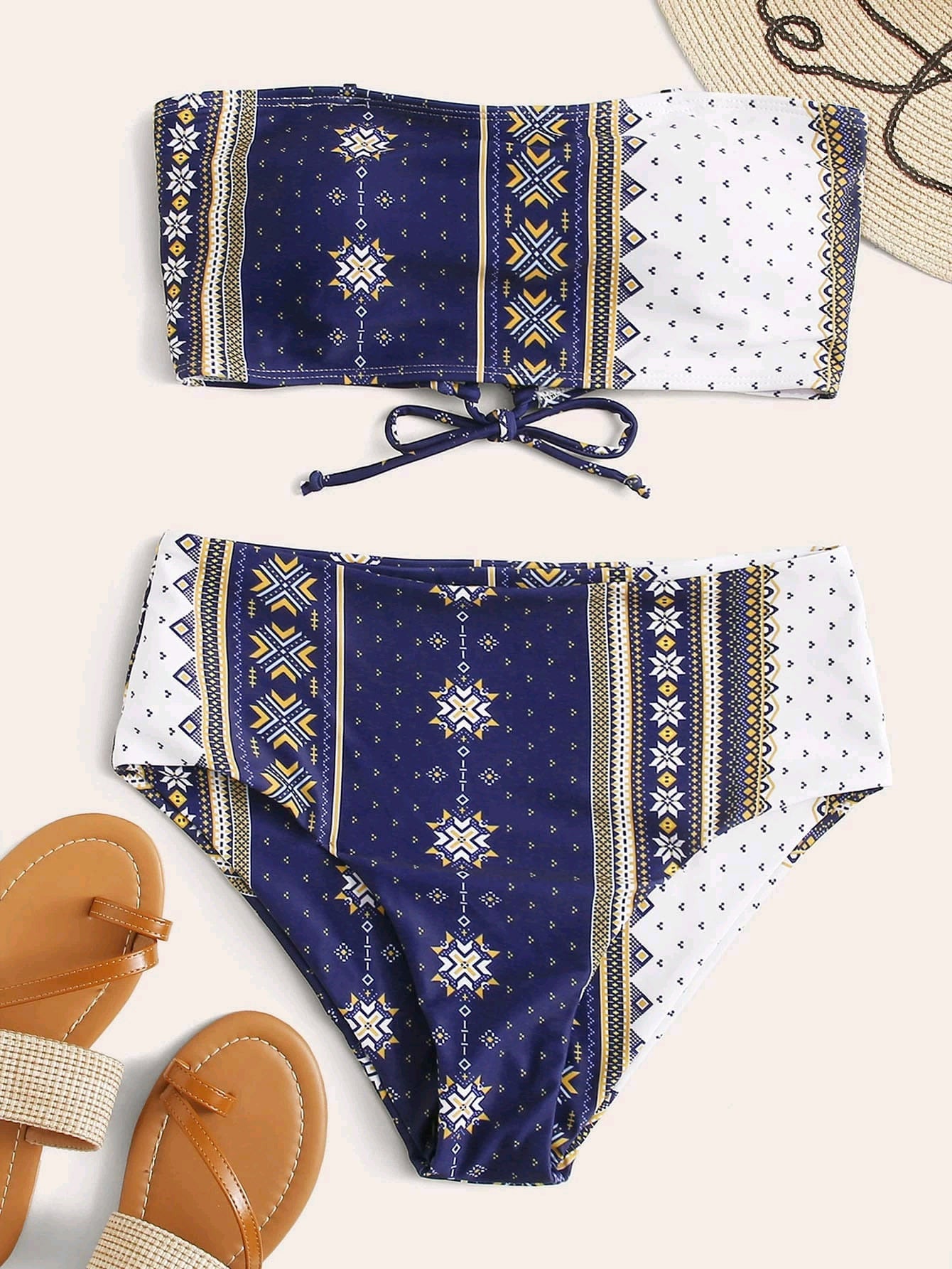 Women's Printed Bikini Split Tie High Waist Swimsuit