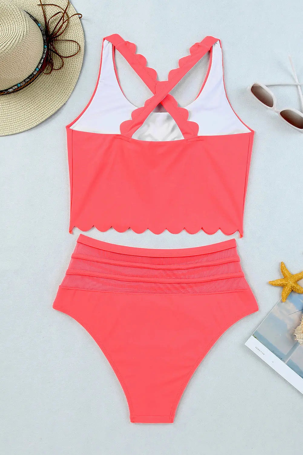 Pink Scalloped Criss Cross High Waist Bikini - Image #8