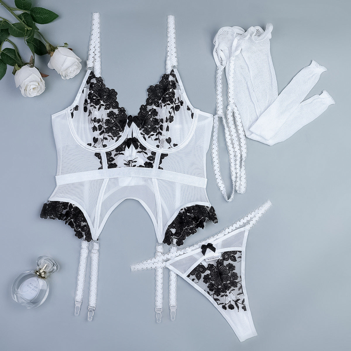 Embroidered Flower Black And White Lingerie