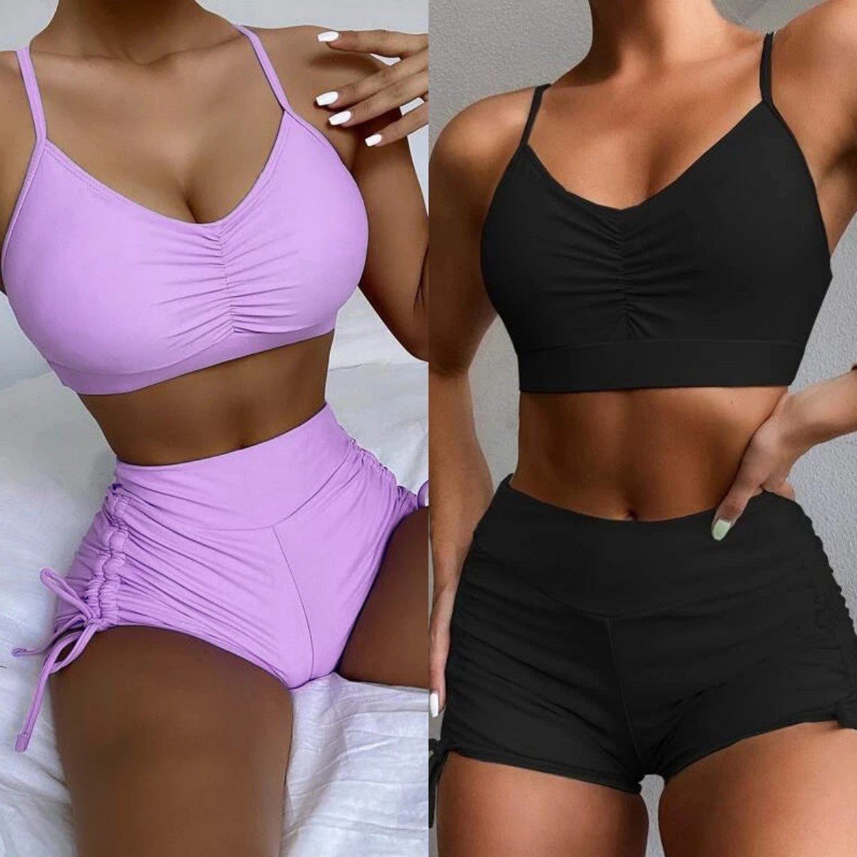 Women's Pure Color Bikini High Waist Split Swimsuit