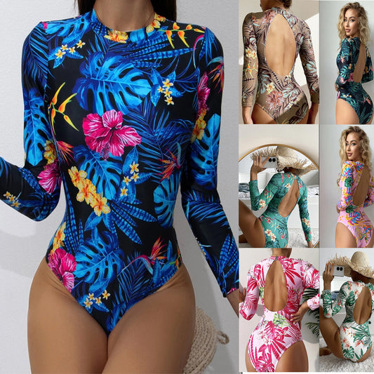 Women's Fashion Conservative Printed Long Sleeve One-piece Swimsuit