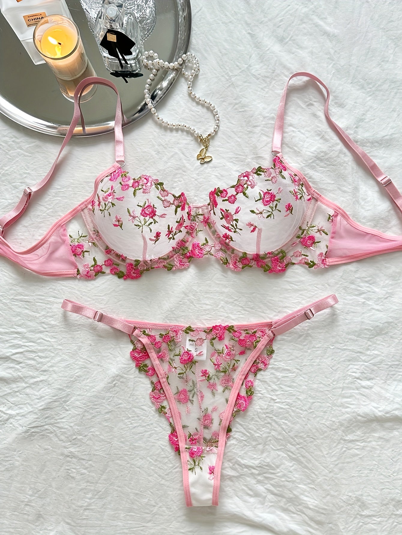 Floral Embroidery Lingerie Set, Mesh Unlined Bra & Sheer Thong, Women's Sexy Lingerie & Underwear