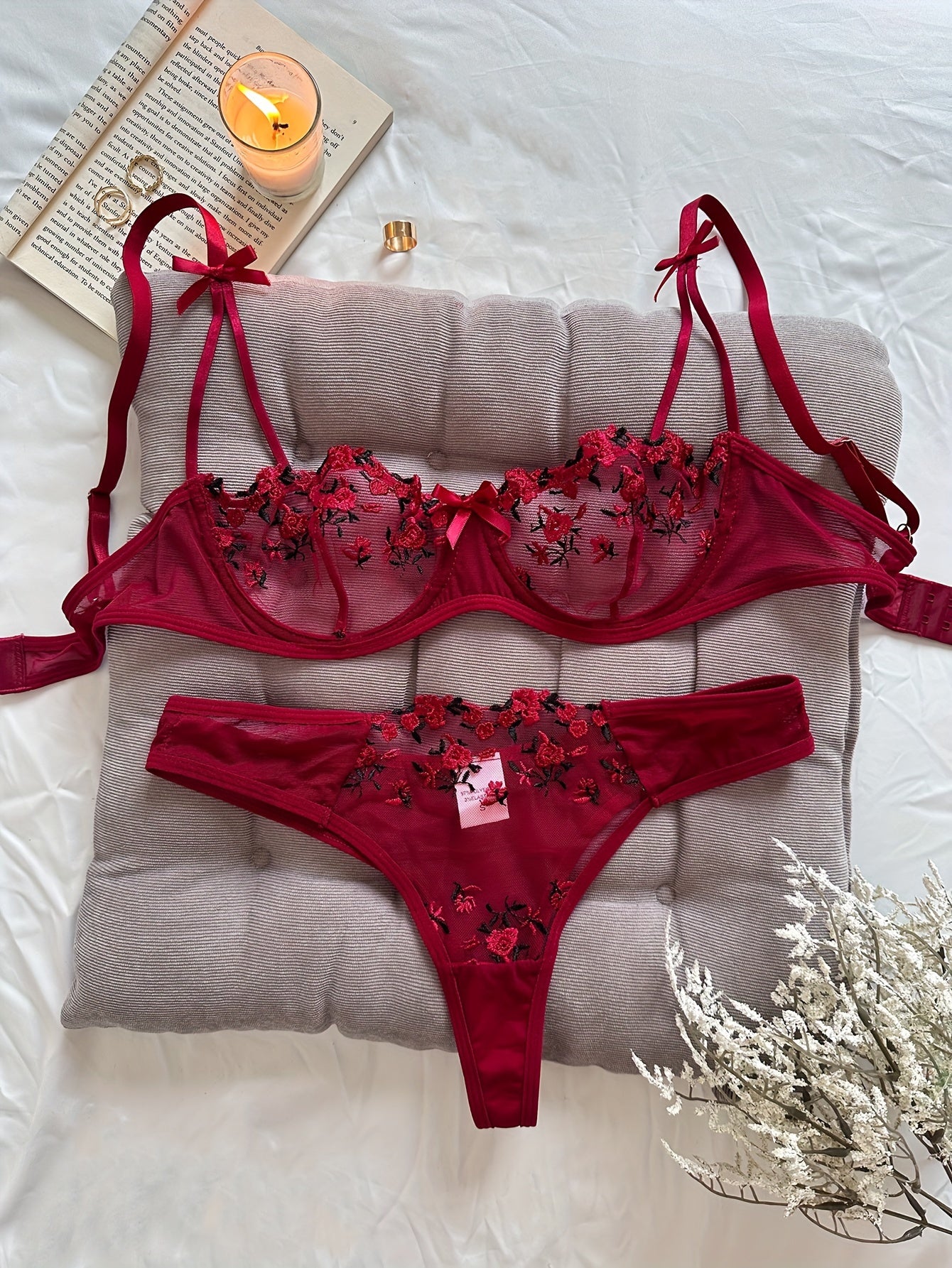 Floral Embroidery Lingerie Set, Mesh Unlined Bra & Mesh Thong, Women's Sexy Lingerie & Underwear