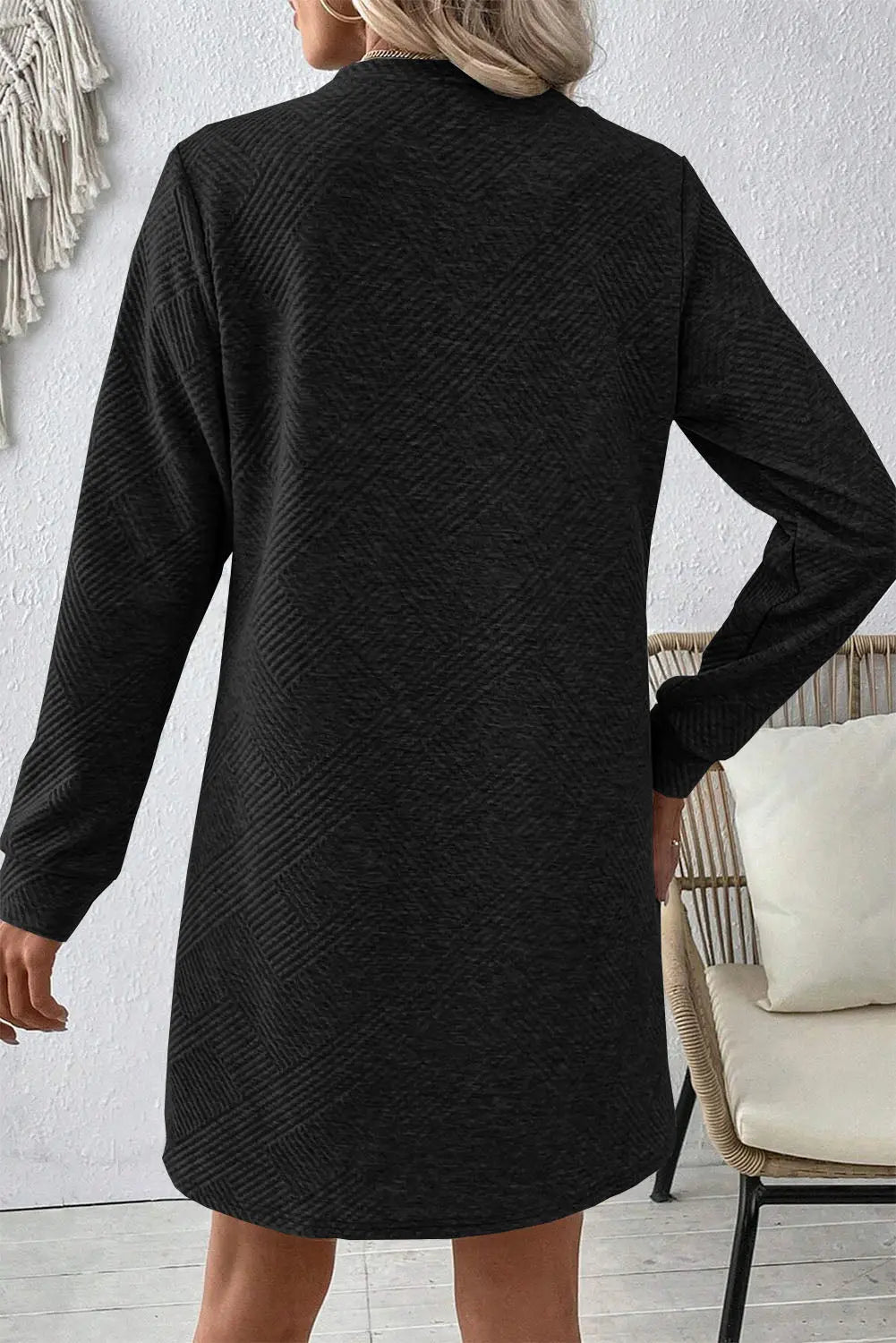 Textured Round Neck Long Sleeve Mini Dress - Image #10