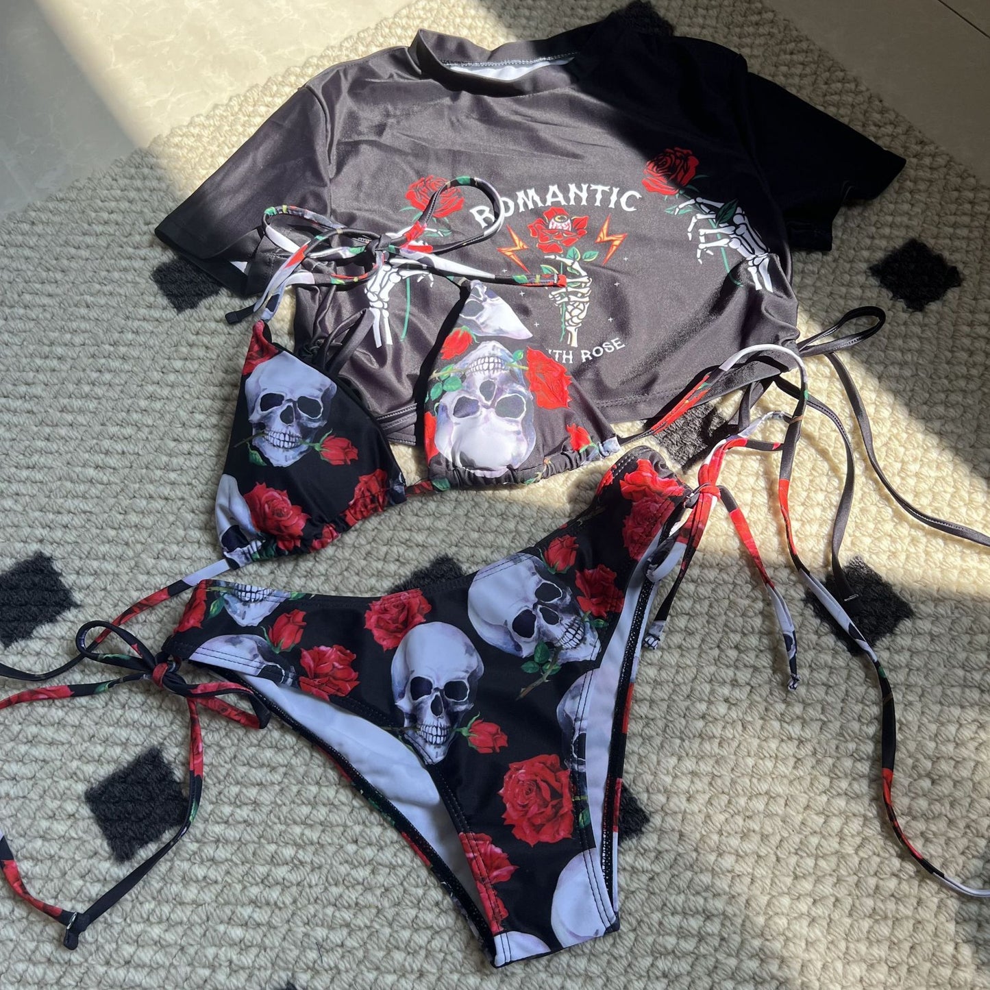 Sexy Skull Rose Printed Three-piece Set Swimwear Swimsuit Bikini