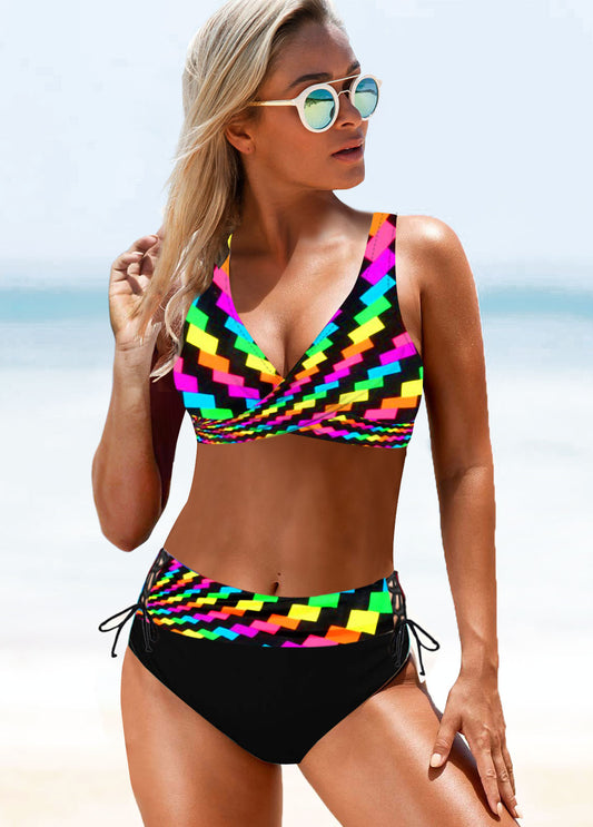 New Split Large High Waist Rainbow Striped Bikini Swimsuit