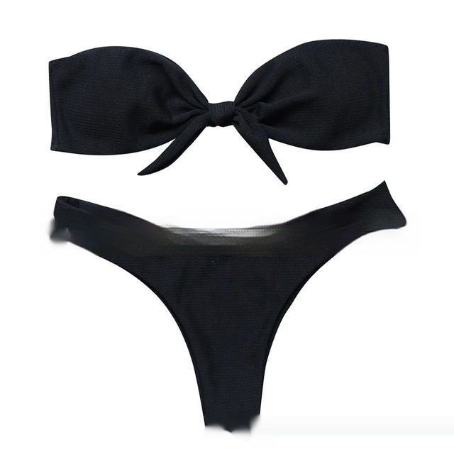 Solid Color Striped Pit Fabric Bow Bikini Women's Swimsuit - Peek A Boo Undies