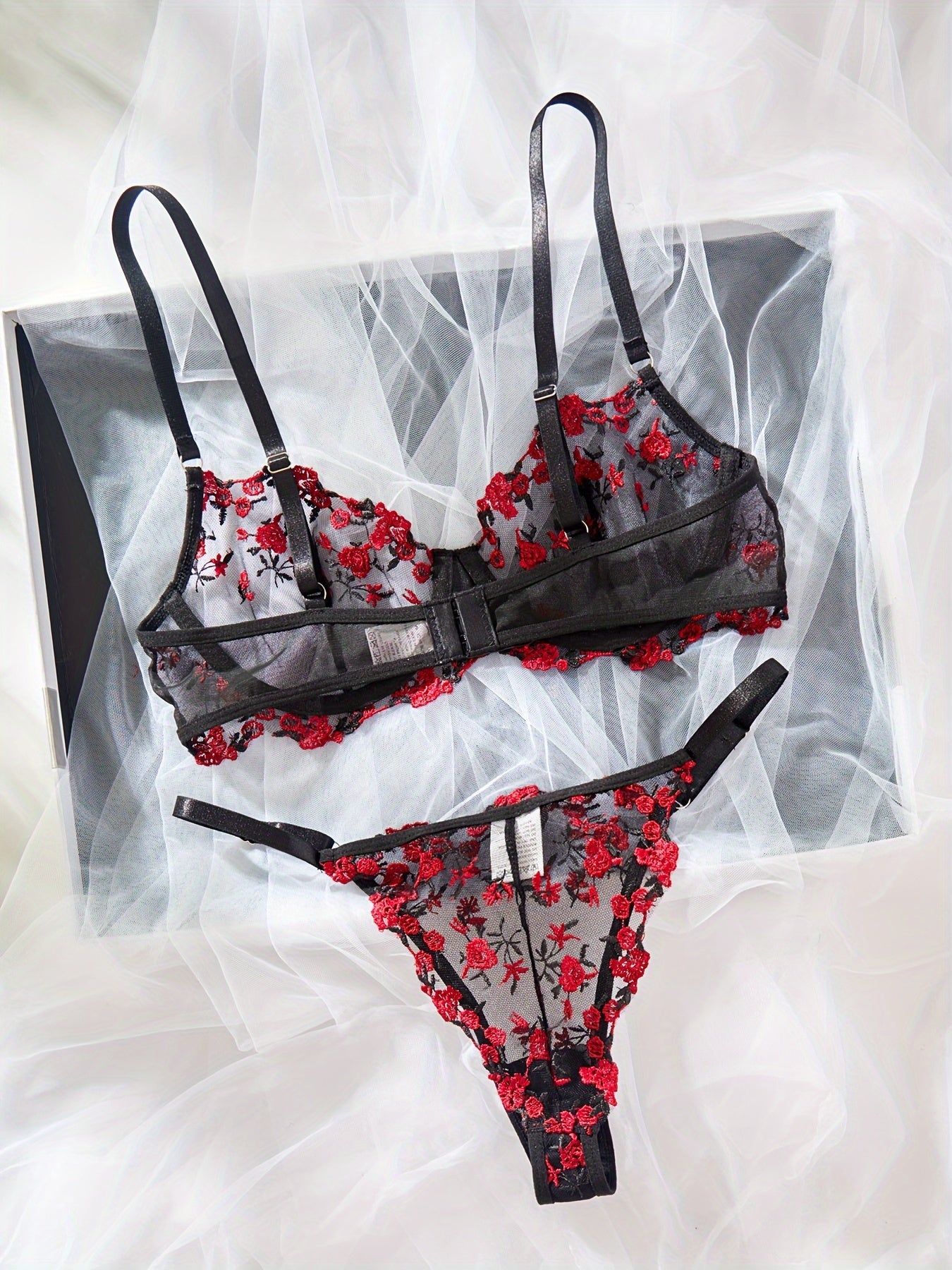 Floral Embroidery Lingerie Set, Mesh Unlined Bra & Sheer Thong, Women's Sexy Lingerie & Underwear