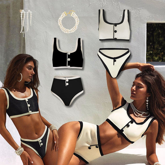 Sexy Black And White Color Matching High Waist Split Bikini Swimsuit