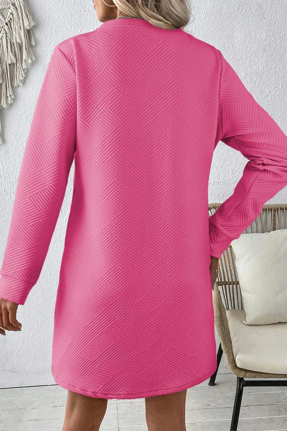 Textured Round Neck Long Sleeve Mini Dress - Image #13