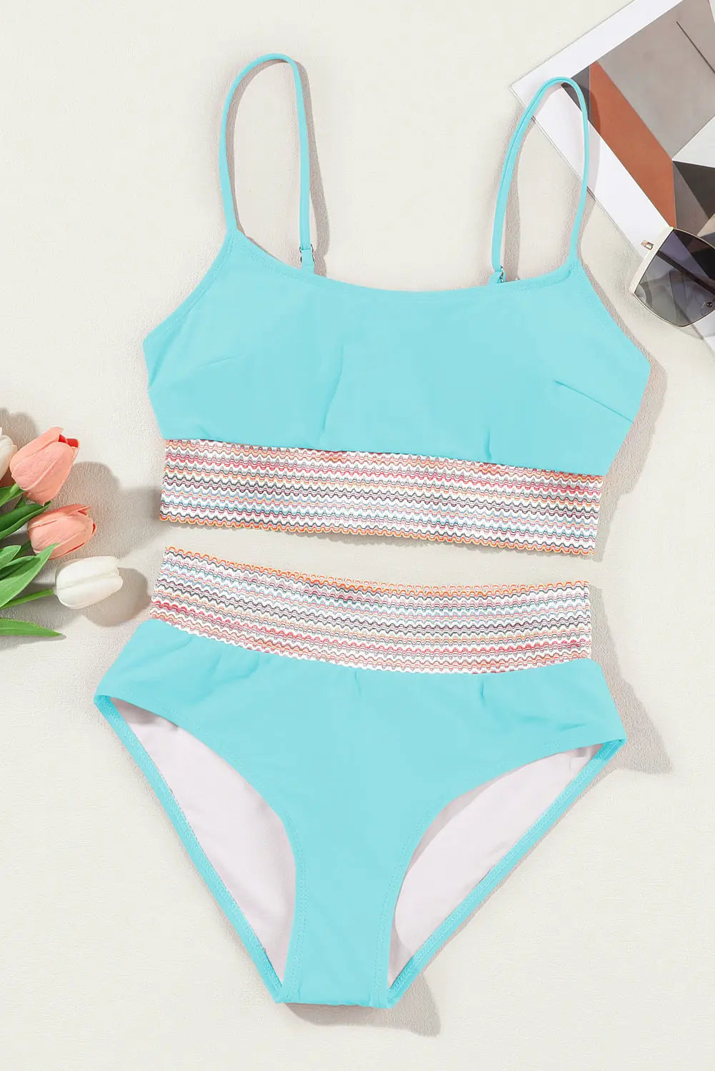 Sky Blue Striped Patchwork Spaghetti Strap High Waist Bikini Swimsuit - Image #11