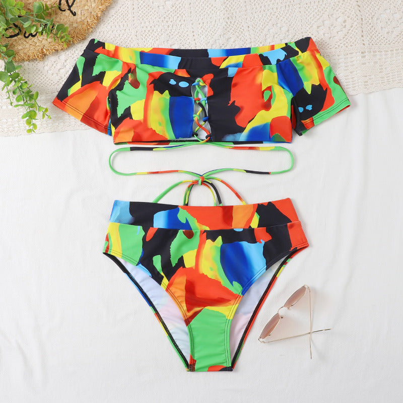 Bikini Strap Cross Print Bandeau High Waist