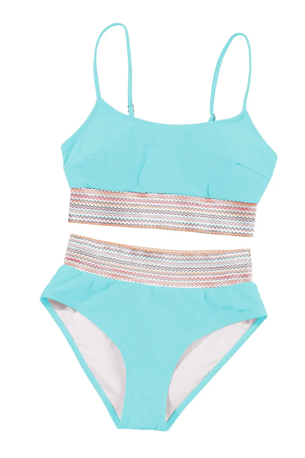 Sky Blue Striped Patchwork Spaghetti Strap High Waist Bikini Swimsuit - Image #20