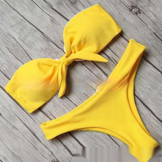 Solid Color Striped Pit Fabric Bow Bikini Women's Swimsuit - Peek A Boo Undies