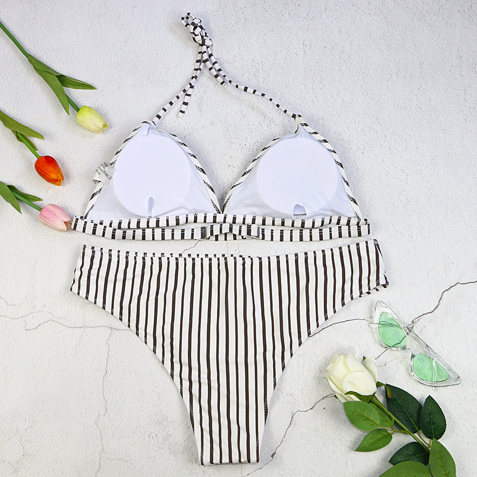 Printed Striped Split-neck Low-rise Bikini